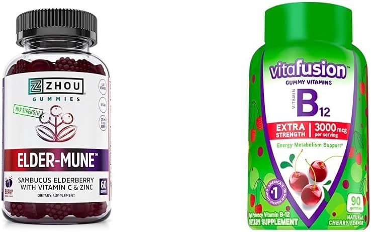 ZHOU Nutrition Elderberry Gummies Immune Support Bundle con Vitafusion Vitamin B12 Gummies Energy Metabolism Support, 60 e 90 Count