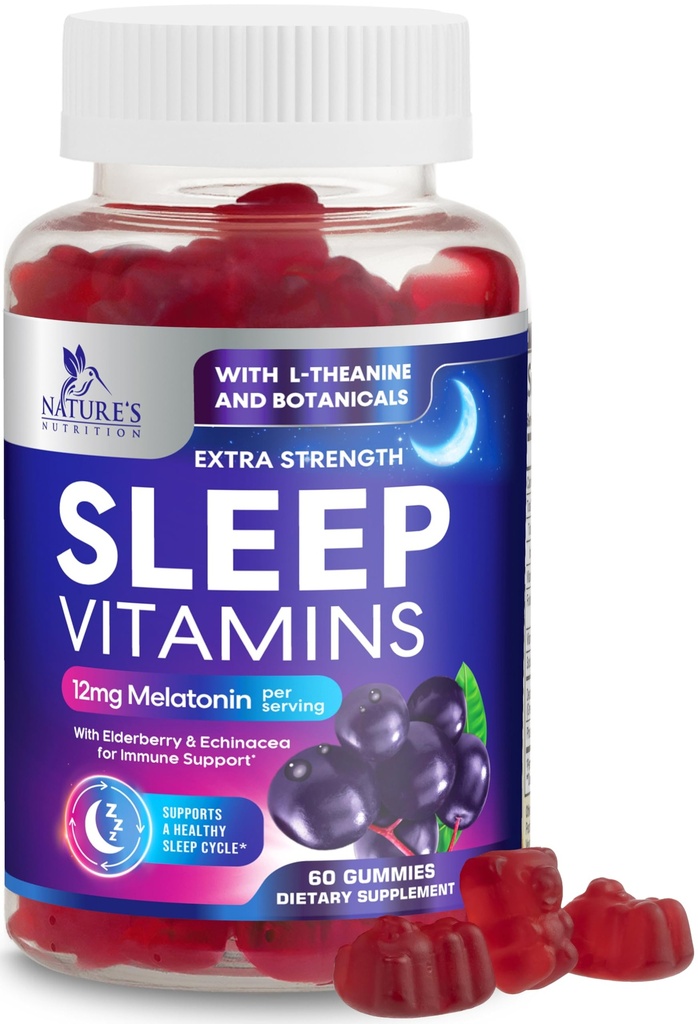 Dormire Gummies con Melatonina 12 mg - Gomma di vitamina del sonno ad alta resistenza, pancia naturale della melatonina, supplemento di sostegno del sonno occasionale per adulti, vegano, non OGM, Gomitas para Dormir - 60 Gummies