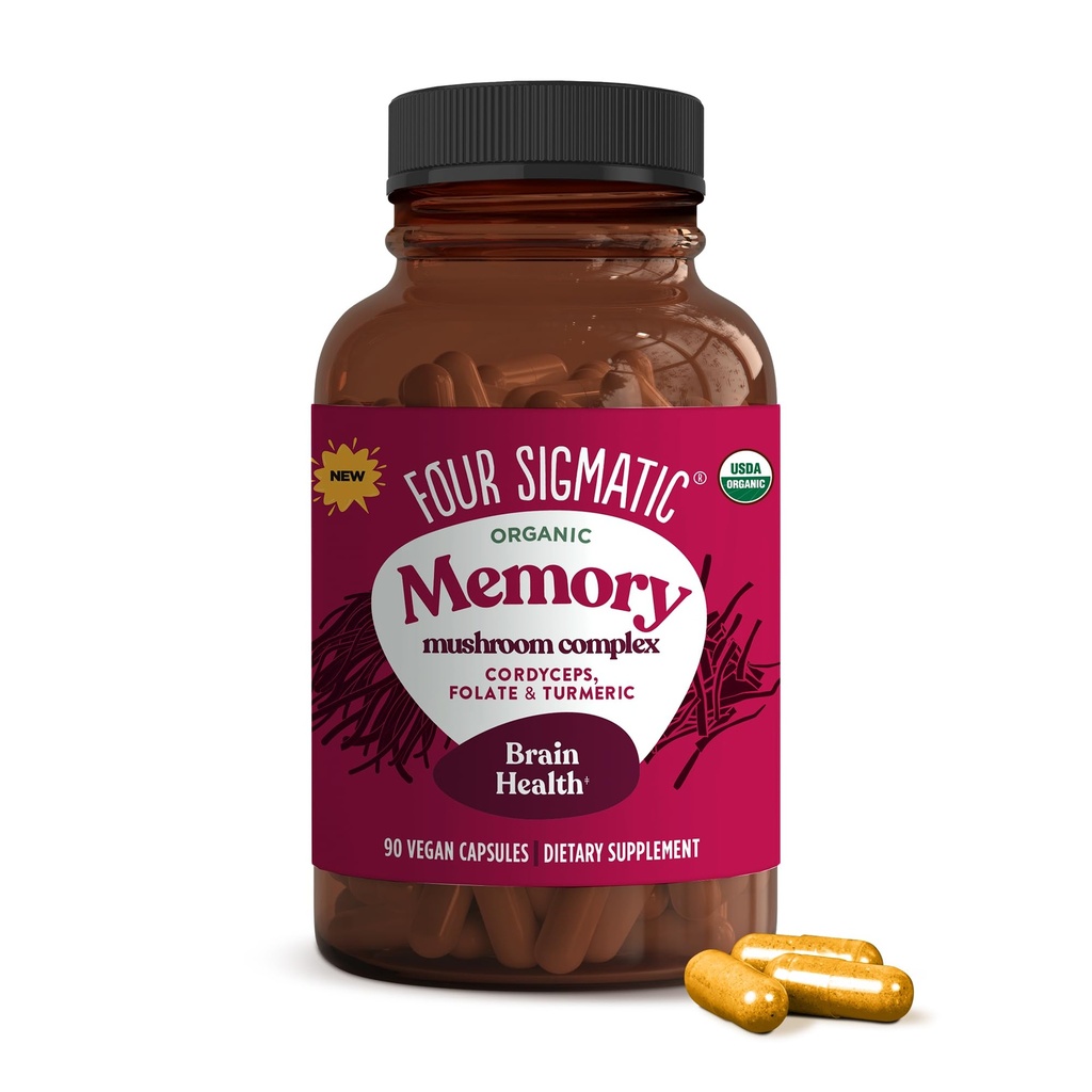 Quattro capsule di memoria Sigmatic | Ridurre la nebbia del cervello & migliorare la memoria | Nootropic Supplemento per il supporto del cervello con cordyceps Mushroom, Gotu Kola, Turmeric, Ashwagandha & Folate | 30 Servings