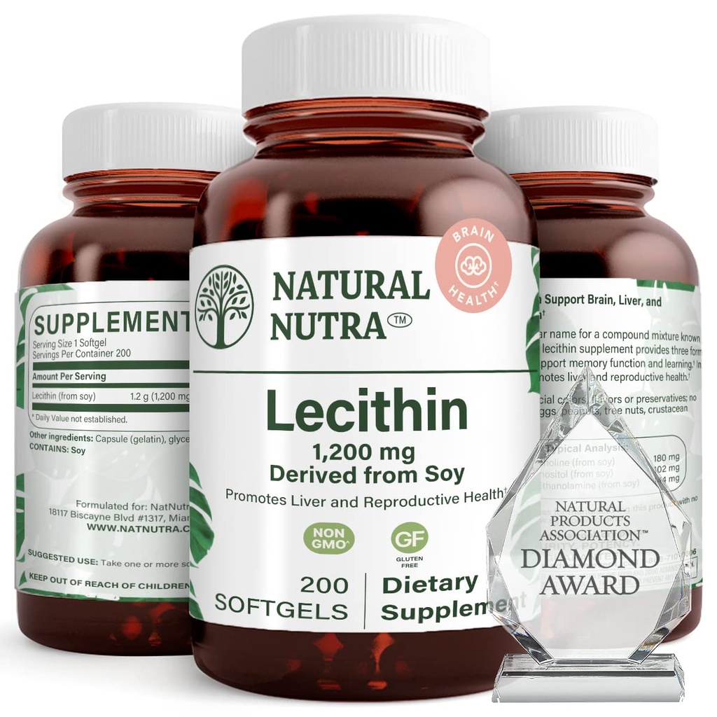 Natural Nutra Soy Lecithin 1200 mg Integratore alimentare - Funzione cerebrale, Salute del fegato, Migliorare la salute procreante, Boosting Supplement - Gluten-Free, BPA-Free, 200 Softgels in bottiglie di vetro riciclabili