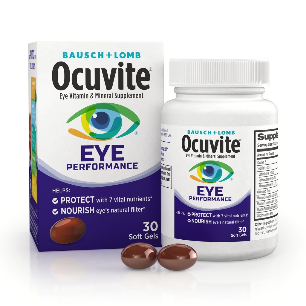 Ocuvite Eye Performance Vitamin & Mineral Supplement, Lutein und Zeaxanthin Supplements, Vitamine C, D, E, Zink und Omega-3, hilft Augen vor Sonne und blauem Licht zu schützen, 30 Softgels