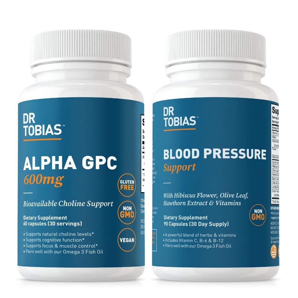 Dr. Tobias Alpha GPC & Blutdruckunterstützung - Unterstützung kognitiver Funktion & Circulatory Wellness mit Bioverfügbare Choline-Ergänzung, Kräuter & Vitamine, Non-GMO