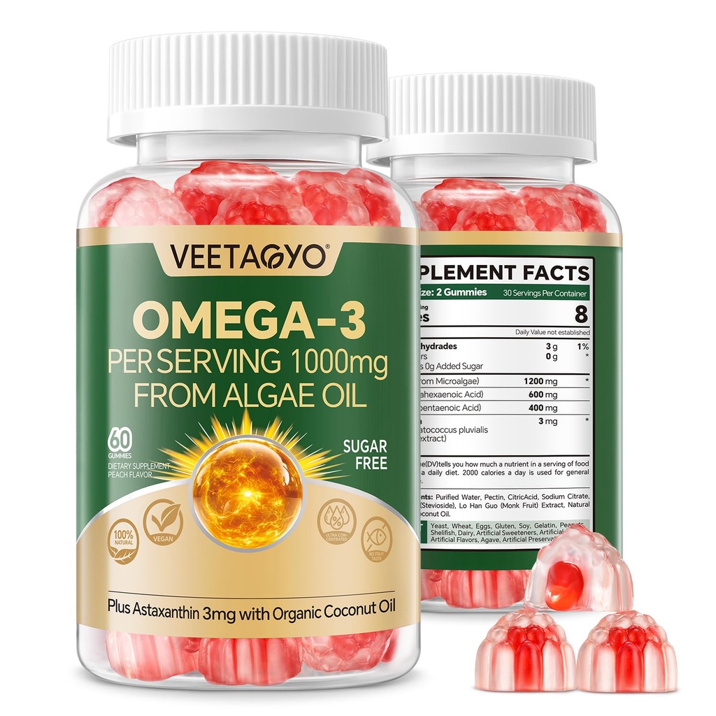 Vegan Omega 3 Gummies 1200mg - Dual Layer - Fischöl Alternative, Marine Algen Omega 3 Supplement DHA 600mg, EPA 400mg mit Astaxanthin, Zuckerfrei,60 Cts