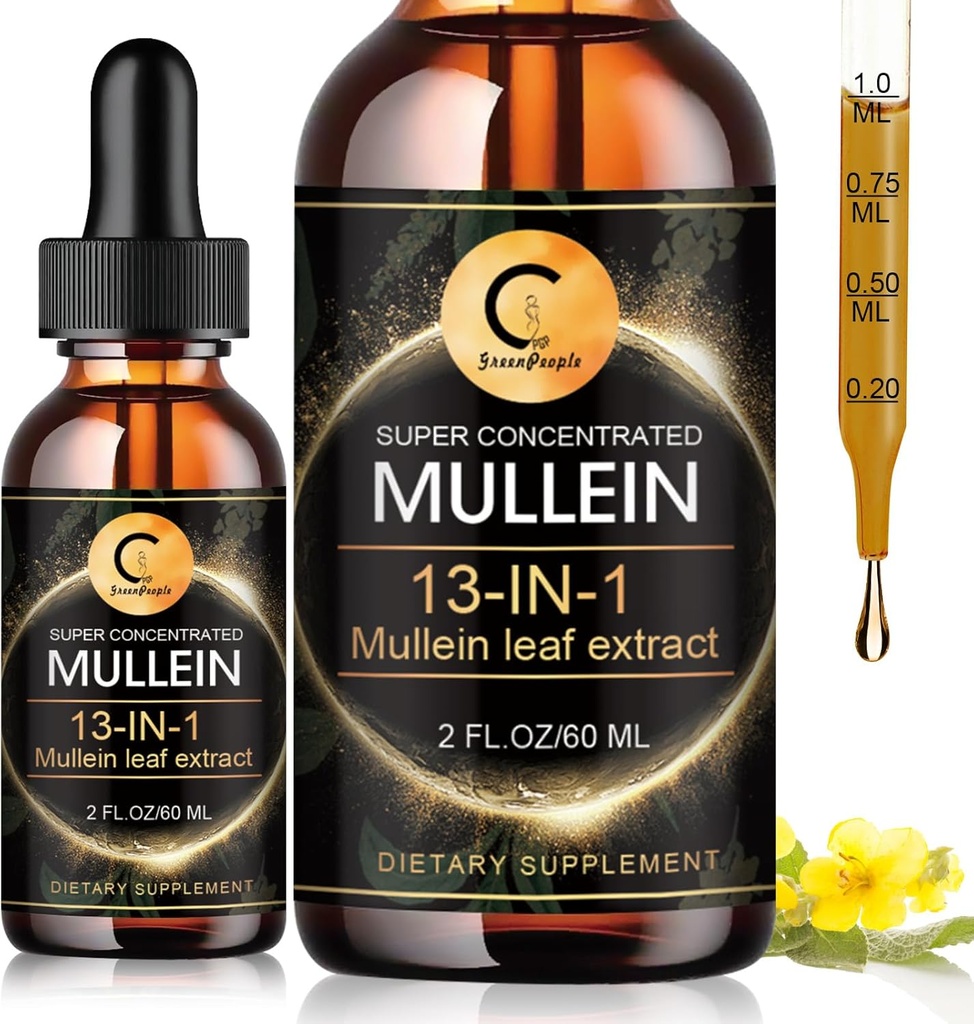 Gouttes de Mullein pour Lung, Extrait de Mullein Leaf, Teinture liquide de Mullein Super Concentré,Vegan, Non-OGM, 2 FL OZ