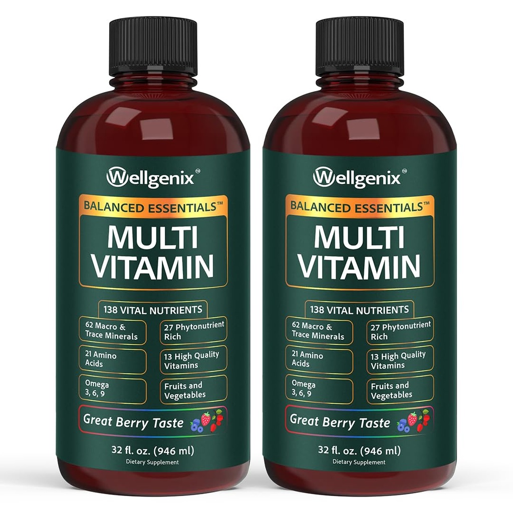 Wellgenix Balanced Essentials Plus New Formula - Berry Flavor 32oz (Pack of 2) - Complete Multivitamin Supplement - Immune Boosting & Overall Health - Adults, Kids, Toddlers (Packaging May Vary)