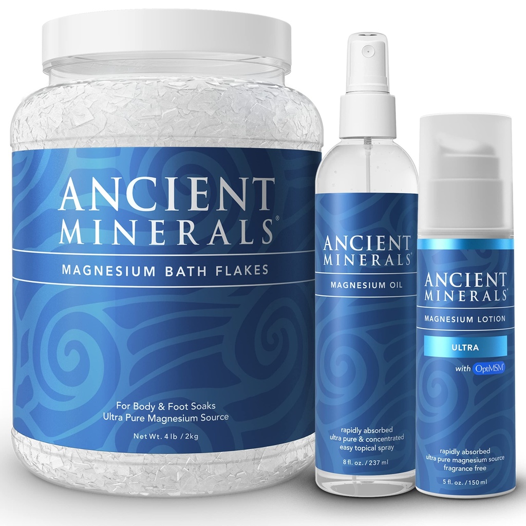 Antichi minerali Fiocchi di bagno di magnesio - Spray di olio di magnesio e Lozione Ultra con MSM - Efficienza ad alto assorbimento per il rilassamento, benessere e sollievo muscolare
