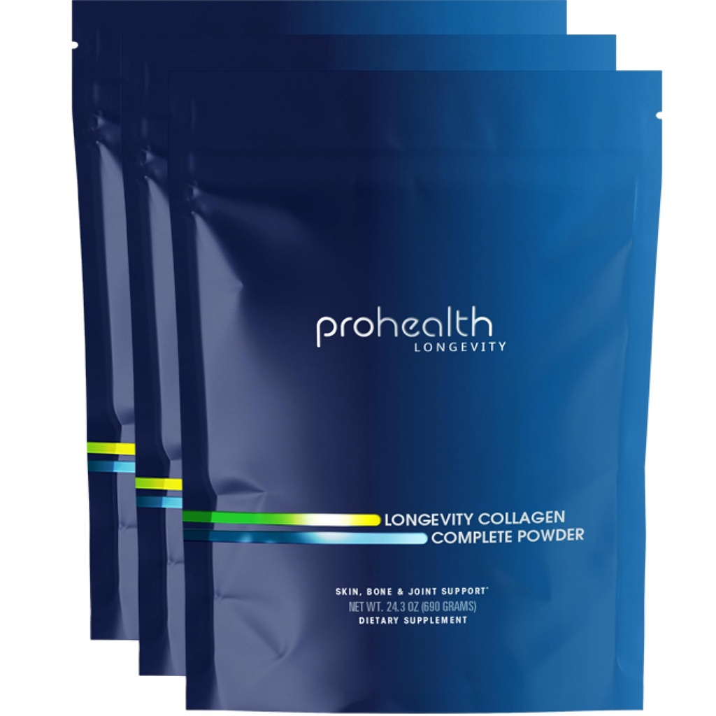 ProHealth Longevity Collagen Peptides Polvere - per le persone oltre 40. 20g Multi Collagen. 2g Pro-Collagen. Acido ialuronico. Tipo I, II, III, V, X per Giunti, Ossa, Capelli, Pelle, Muscoli, Gut - (3 Confezione)
