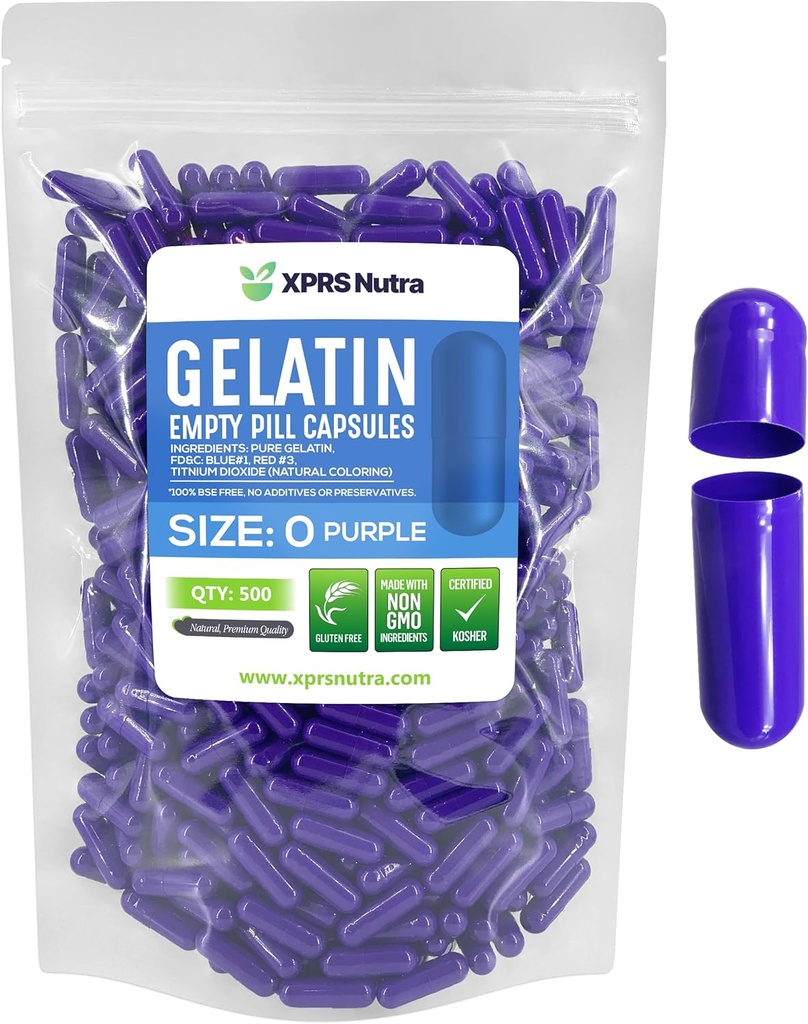XPRS Nutra Größe 0 Leere Kapseln - 500 Graf Leere Gelatine Kapseln - Pillen DIY Kapsel Füllung - Pure Bovine Pill Gel Kapseln für Do-It-Yourself Ergänzungen (Purple)
