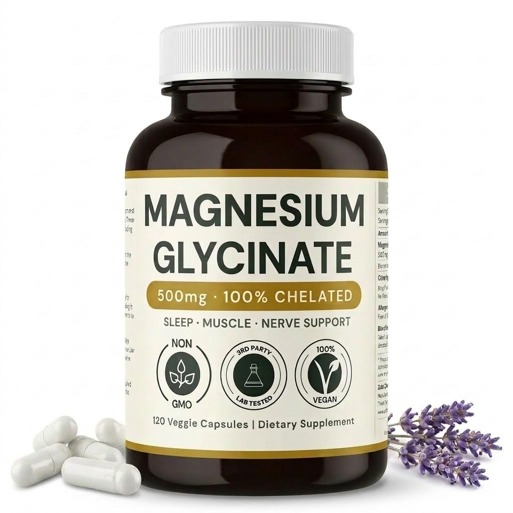 Glycinat de magnésium - 500mg, 120 Capsules, 4 mois d'approvisionnement, soutient le soulagement du stress, le sommeil, la santé cardiaque, les nerfs, les muscles, le métabolisme* Vegan, 3ème partie testée, sans gluten, non-OGM par Zeta Chad Labs