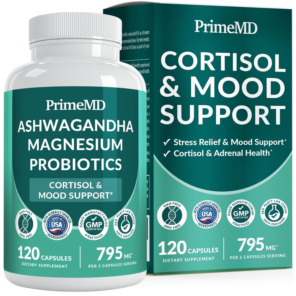 Supplément de cortisol 5-en-1 pour les femmes et les hommes avec Ashwagandha pour le calme, le focus et les suppléments de soutien adrénal avec extrait Shilajit, glycine de magnésium, probiotiques (120 ct) (paquet de 1)