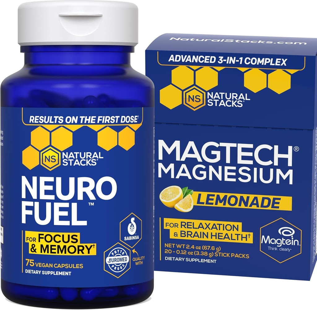 NATURAL STACKS MagTech Magnesium Lemonade + NeuroFuel Nootropic Bundle - Unterstützt Fokus & Gehirn Gesundheit* - 45 Gesamt Servierungen