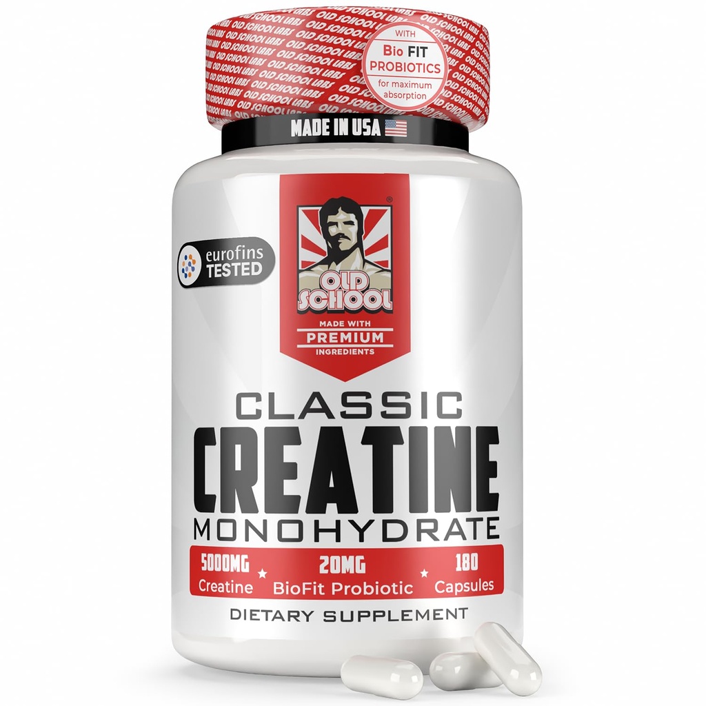 Old School Labs 5000mg Kreatin Monohydrat Kapseln mit BioFitTM (Max Strength) unterstützt Muskelwachstum & Erholung, Leistung, kognitive Gesundheit - Kreatin Pillen für Männer & Frauen, Made in USA 180 Caps
