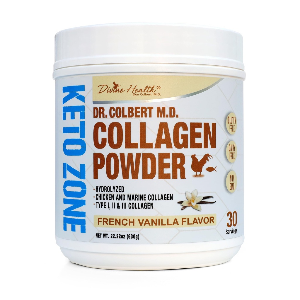 Dr. Colbert, MD Hydrolyzed Collagen Powder | Vanilla Flavor | by Divine Health | Type I, II, III Chicken & Marine Collagen Peptides | Unterstützung Haar, Haut, Nägel & Gelenke | 630g | 30 Servierungen