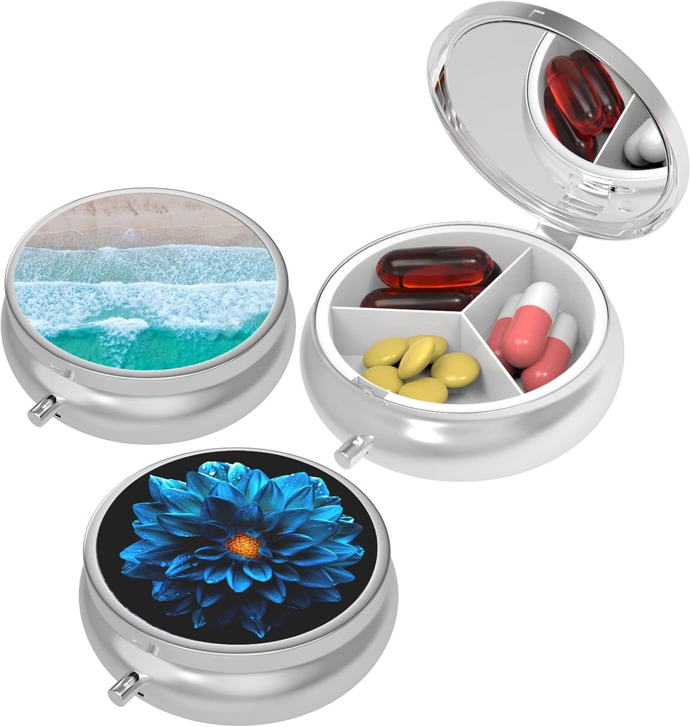 Small Pill Box,Pill Case for Purse&Pocket,3 scomparti Travel Pill Case Medication Organizer Storage for Vitamins, Pills, Fish Oil e Orecchini, Studs,Bronze-Pink Yellow Flower