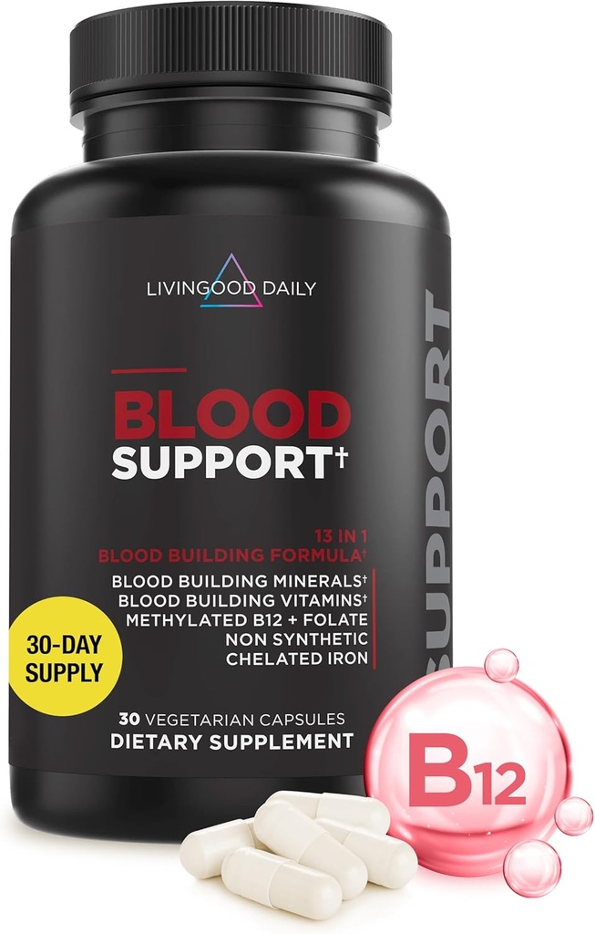 Supplément quotidien de fer Livingood pour les femmes et les hommes, formule de soutien du sang avec le fer chélaté, B12 méthylé, vitamine C, zinc et folate, végétalien, non OGM, sans gluten, sans allergène, 30 capsules
