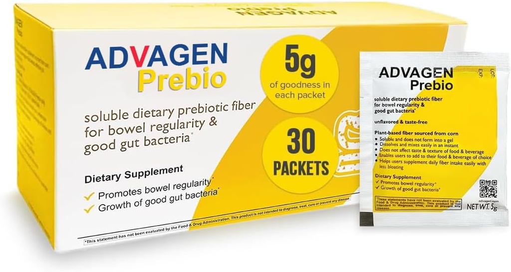 ADVAGEN, Prebio Fiber Supplement Powder Unflavored - Soluble Prebiotic Fiber Powder, Unflavored on the Go Packets, Non GMO unterstützt Gut Health, Bloating & Constipation Relief für Frauen Männer 30 Servietten