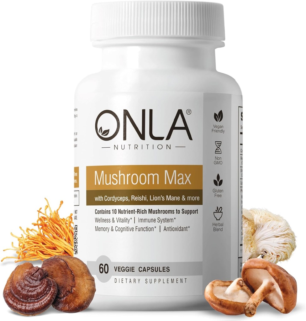 ONLA Vegan Mushroom Supplement - 10-in-1 Lions Mane Mushroom, Reishi Mushroom, Cordyceps, Shiitake - Mushroom Capsules für Immunsystem, Natural Brain Ergänzungen für Gedächtnis und Fokus (60 Cap)
