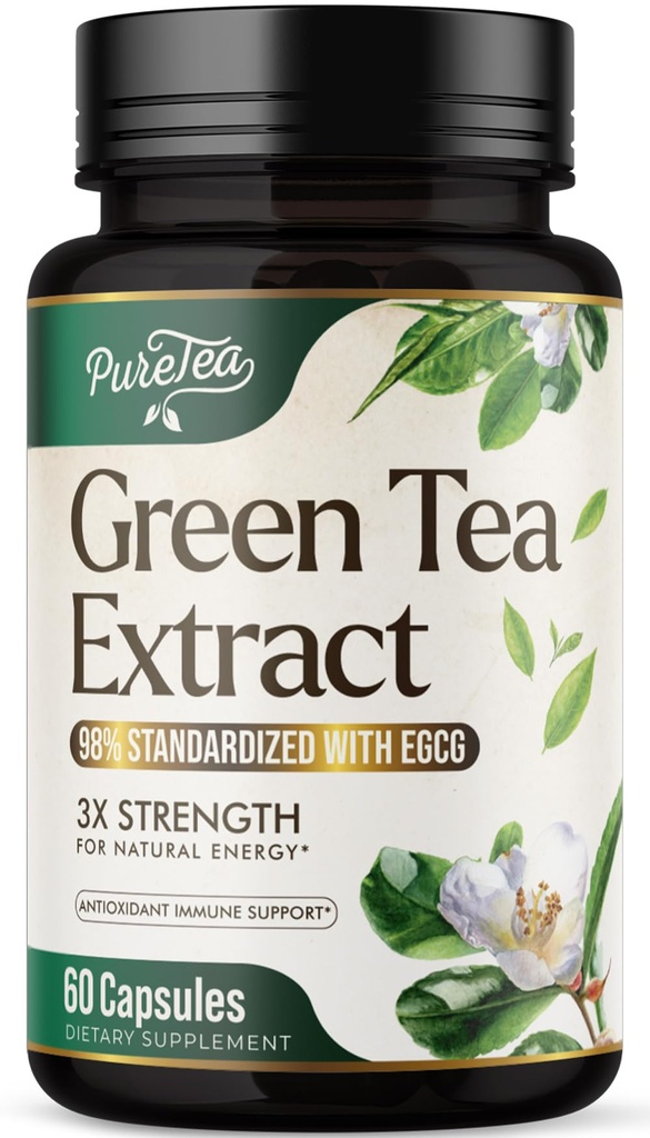 Green Tea Extract Kapseln 1000mg mit 45% EGCG & 98% Polyphenole für Herzunterstützung mit Antioxidantien - 3X Absorption Green Tea Pillen Supplement für natürliche Energie, Gentle Caffeine - 60 Kapseln