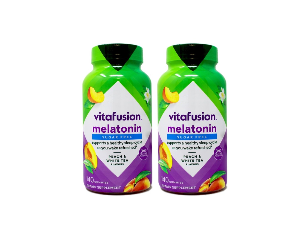 Vitafusion 3 mg Melatonin Gummy Supplemento, Ritirato Risvegliato, Supporto per il sonno & Jet Lag Aid, Zucchero-Free, Supplemento dietetico, Tè bianco naturale & Peach Flavors, 140 Conteggio (Pack of 2)
