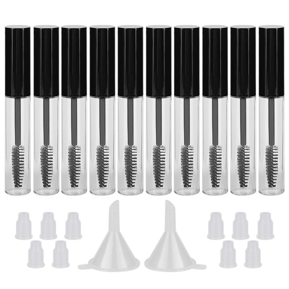 GTHER 10PCS 10ML bouteille de tube de mascara vide avec baguette de cils, inserts en caoutchouc et entonnoirs pour huile de ricin / huile de croissance, bricolage récipient à crème avec bouchon, noir
