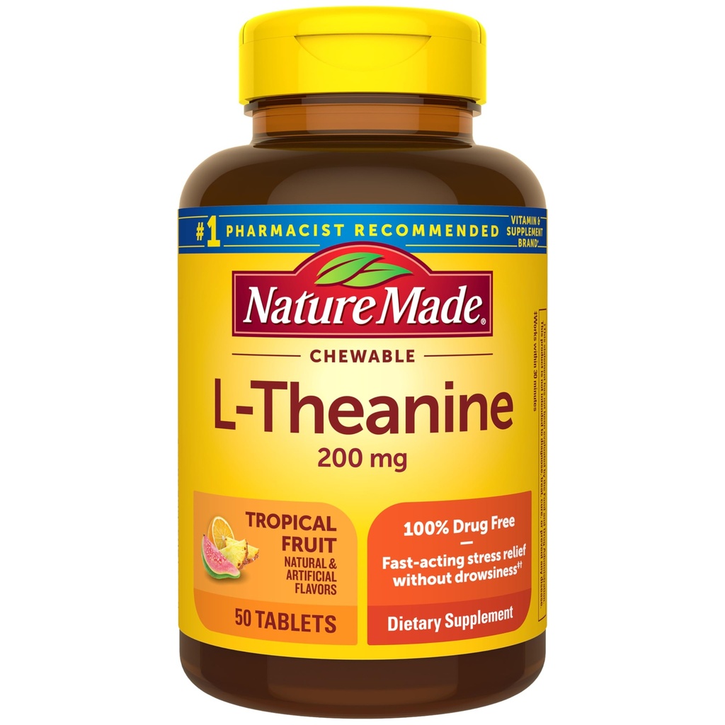 Natura Made Chewable L Theanine 200mg, L-teanina Supplemento per Stress Relief, 50 Chewable Tablets, 50 Day Supply