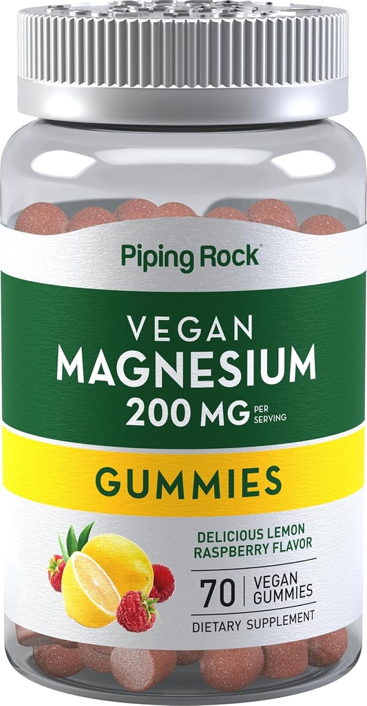 Piping Rock Magnésium Citrate Gummies 200 mg de 70 Count de Formule Végétarienne Lemon Raspberry Flavor.