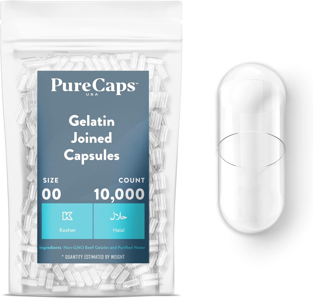 PureCaps USA - Leere Gelatin Kapseln Größe 00| 10.000 Fügen Pillen| Clear| Nicht-GMO zertifiziert | SLS, Gluten, Konservierungsmittelfrei