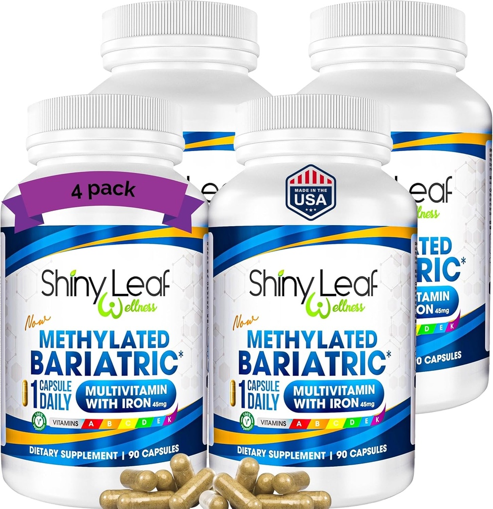 Shiny Blatt Methyliertes Bariatric Multivitamin mit Eisen 45mg – Einmal täglich Kapsel, ASMBS Compliant Bariatric Vitamins für Magen-Bypass & Magen-Darm, für Männer & Frauen, USA Made – 4 Pack (360 Count)