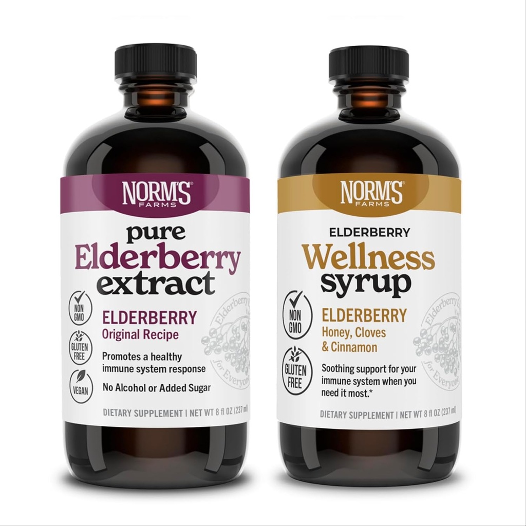 Norm's Farms Elderberry Extract & Wellness Syrup Bundle 2 PK - Immununterstützung Elderberry Syrup für Kinder & Erwachsene - Made in USA, Pure, Potent, Natural Ingredients, Vegan, Gluten-Free, Non-GMO - 8 Oz