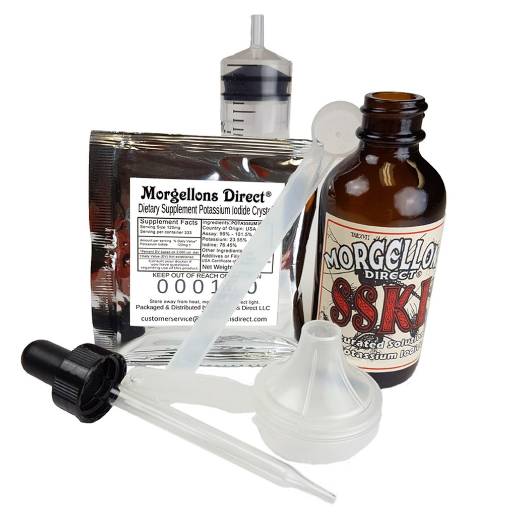 SSKI Iodine Potassium Iodide Solutions Mixing Kit Includes Necessary Tools and pre-Measured Dietary Supplement Potassium Iodide Crystals. Just add Distilled Water.
