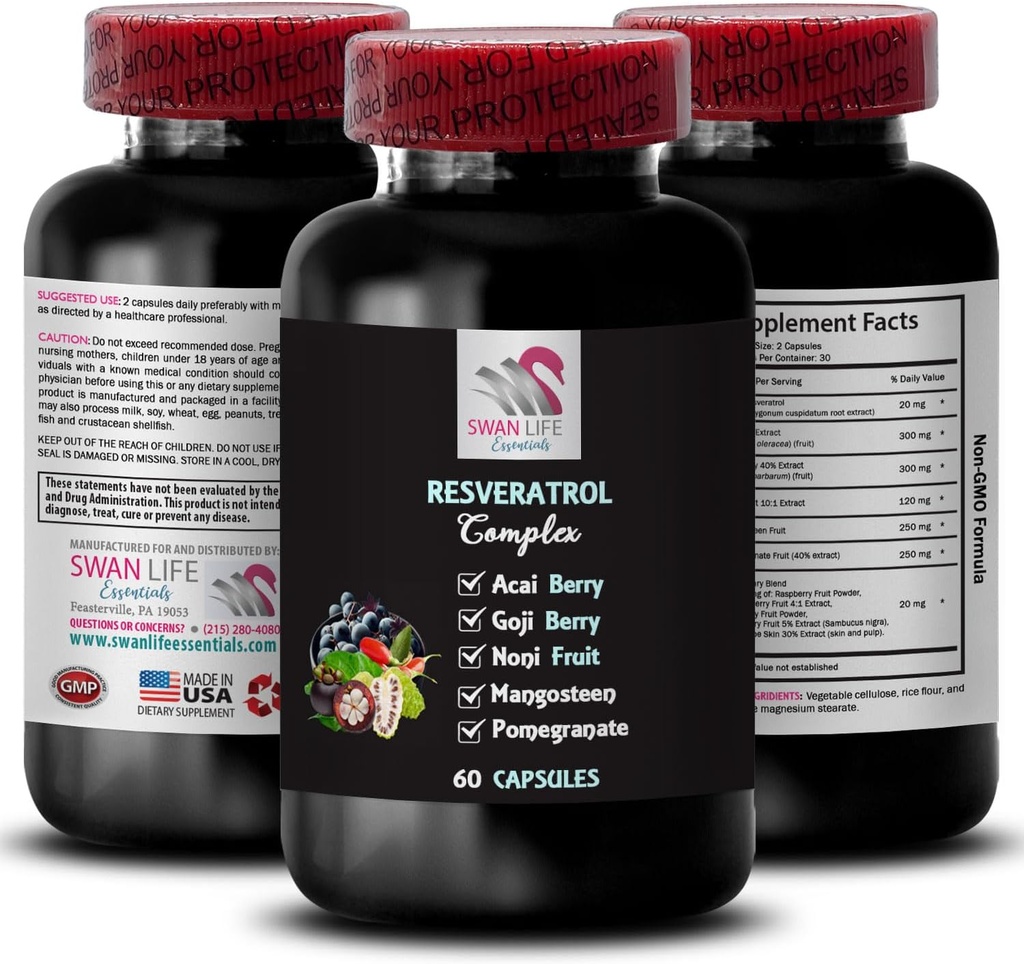 Ernährungsunterstützung - RESVERATROL COMLEX - Antioxidant Shield, Energizing Support, Goji Berry Support, Grape Skin Power, Berry Benefits, Tägliche Unterstützung, Acai Berry Energy, Refreshing Blend 1Bot 60Caps