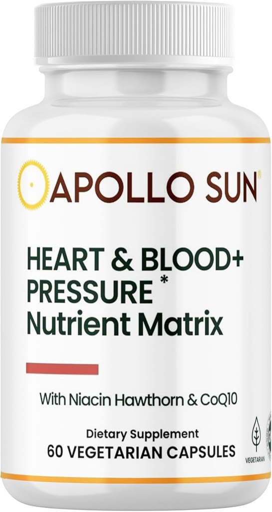 APOLLO SUN Heart and Blood+Pressure Supplement Nutrient Matrix with Hawthorn Extract, Niacin, and COQ10, 60 Vegetarian Capsules