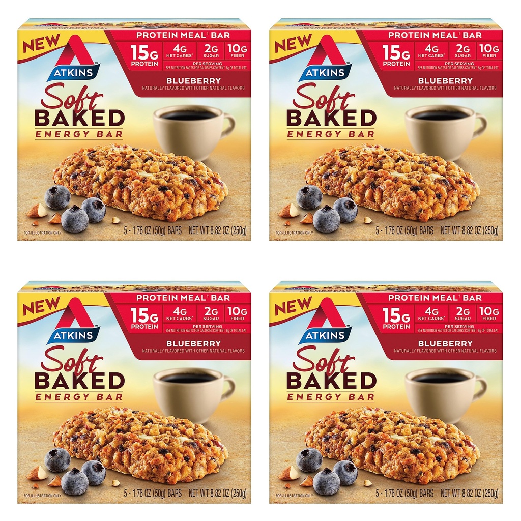 Atkins Blueberry aromatisé doux au four barres d'énergie, élevé dans la barre de snack de protéines, faible sucre, snack de fibre haute, snack de protéines, 4 paquets (4 barres chacun)