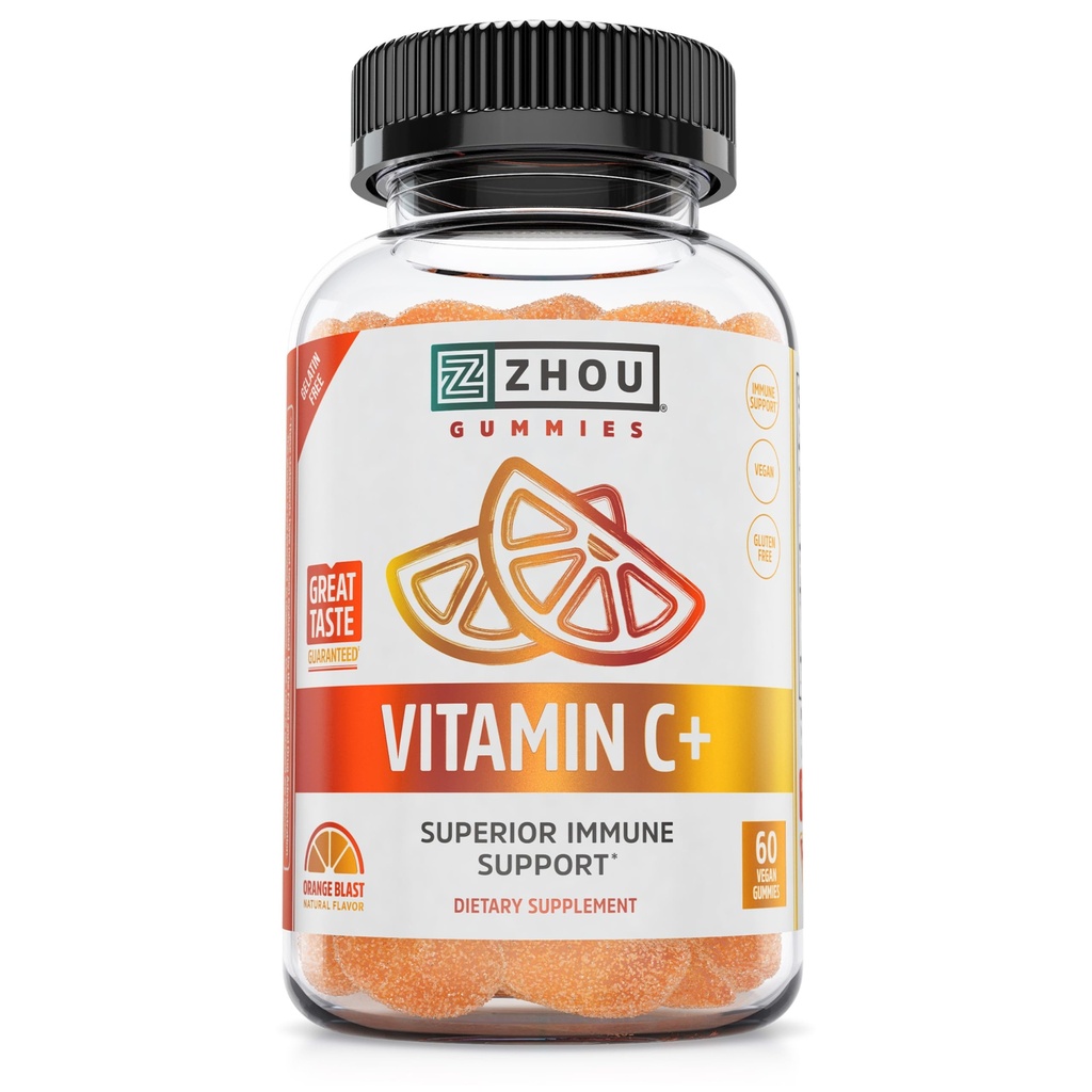 Zhou Vitamin C+ Gummis - Vitamin C Gummi für Erwachsene und Kinder, 270 mg pro Gummy mit Bioflavinoiden und Acerola für Immununterstützung - 60 Vegan Gummis