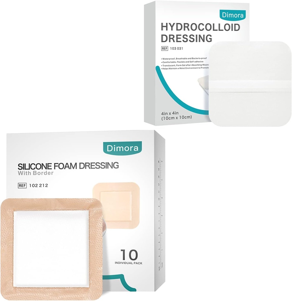 Dimora Hydrocolloïde Dressing 10 Pack 0.3mm + Silicone Mousse Dressing avec bordure Adhésive 6"x6" 10 Pack