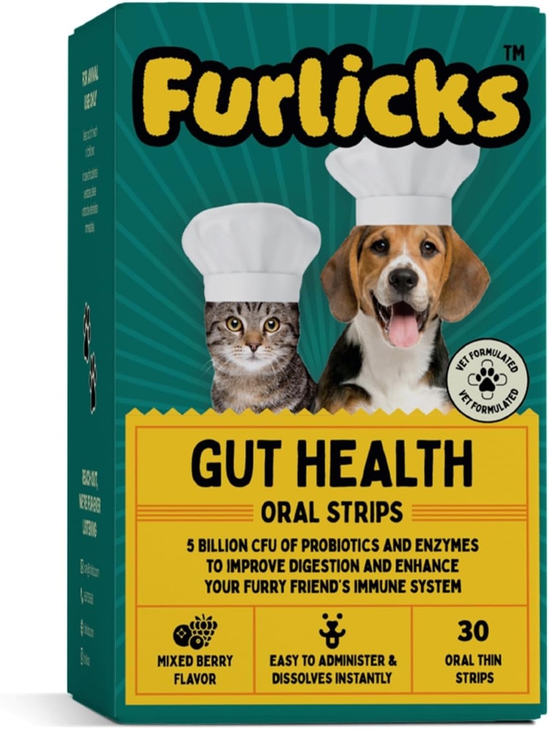 Furlicks Gut Health Supplement per cani e gatti | Probiotici, Protease, Lipasi per una migliore digestione, ImmunitÃ migliorata, Salute Gut Flora & Diarrea & Bowel Support (30 strisce di dissoluzione orale)