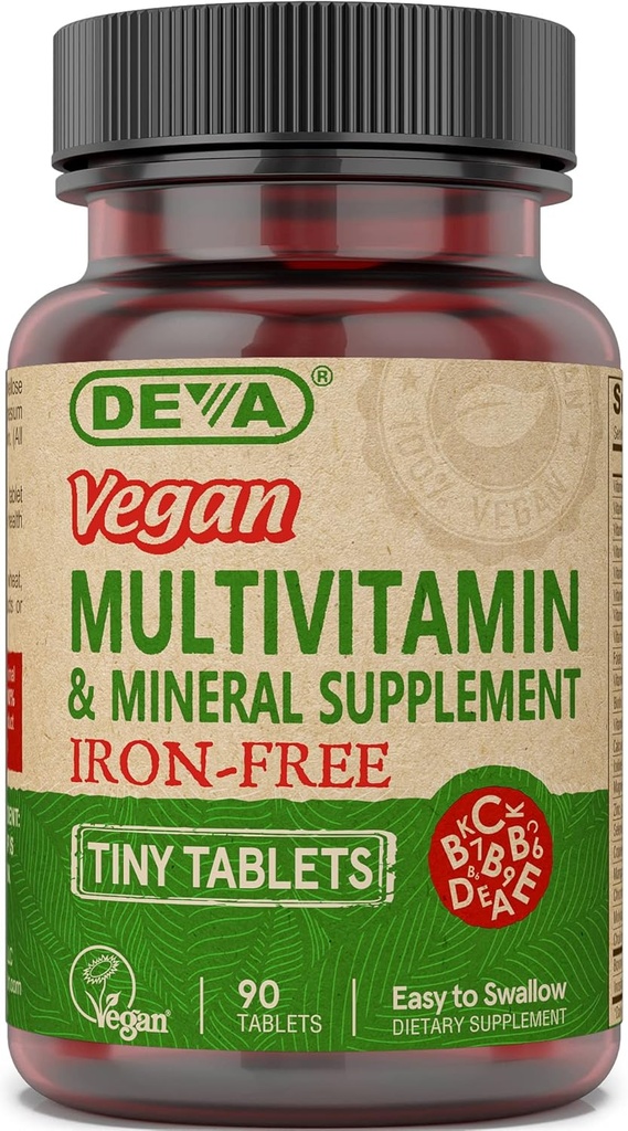 Deva Vegan Multivitamin und Mineralergänzung eisenfrei - mit Vitaminen A, C, D, E, B Complex, hochkarätige Formulierung für tägliche Gesundheit und Wellness - 90 Tiny Tablets, 1-Pack