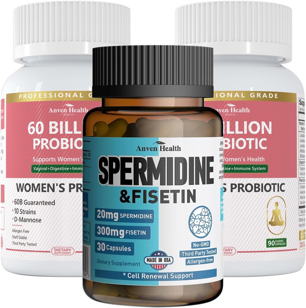 Wellness Bundle: 2 Bouteilles de Probiotiques Femmes + 1 Bouteille de Spermidine & Fisetin – Santé Digestive, Renouvellement Cellulaire et Soutien Anti-Age pour les Femmes