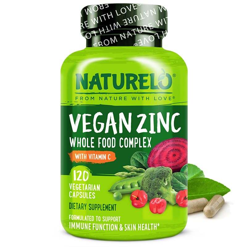 NATURELO Vegan Zink Immununterstützung Kapseln - Ganze Lebensmittel-Komplex mit Vitamin C für gesunde Haut, Haar und Nägel - 120 Kapseln