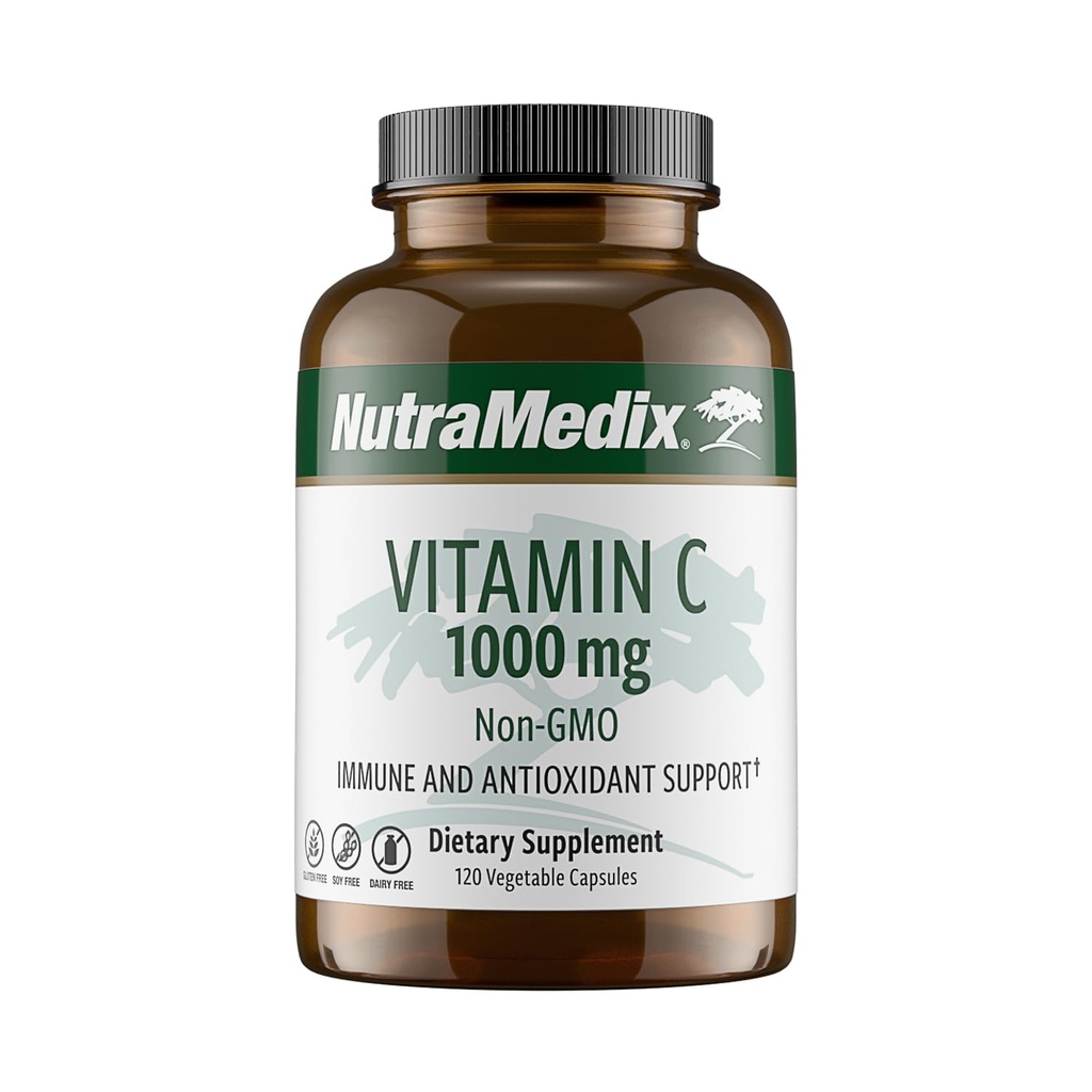 NutraMedix Vitamin C 1000mg - Antioxidantien-Ergänzung für Immununterstützung und Herzgesundheit - Vitamin C aus Ascorbinsäure - Vegan, nicht gentechnisch verändert (120 vegetarische Kapseln)