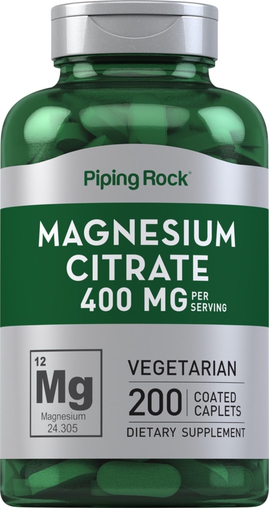 Piping Rock Magnesium Citrate | 400 mg | 200 Caplets | Vegetariano, Non OGM, Gluten Free Supplement