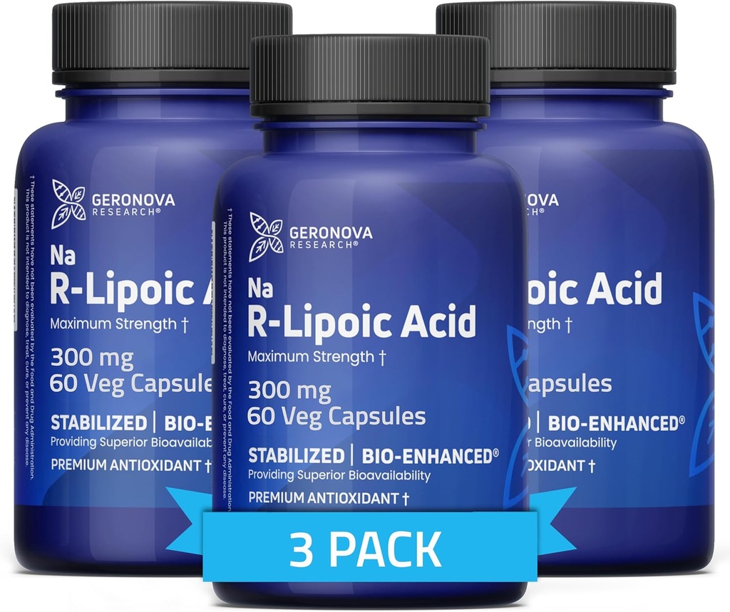 Geronova Recherche Acide R-Lipoique Bio-Amélioré, 300 mg Capsules - 6 mois d'approvisionnement - Acide R alpha lipoïque stabilisé avec absorption accrue - R Supplément acide lipoïque - 180 Compte