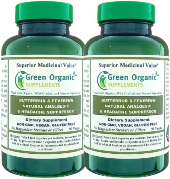 Green Organic Supplements Butterbur, Feverfew, Analgesic, Painkiller, & Headache Suppressor, 90 VCaps, Alta assorbibile, Non OGM, Senza glutine (Pack of 2)