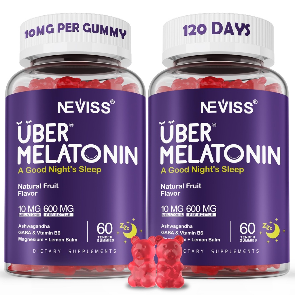 Melatonin Gummies 10mg 20mg für Erwachsene, Melatonin 10 mg pro Gummy mit Ashwagandha, Magnesium Glycinat, GABA, L-Theanin, Valerian Root & Lemon Balm, Rest Support Supplement, Grape Flavor, 2-Pack