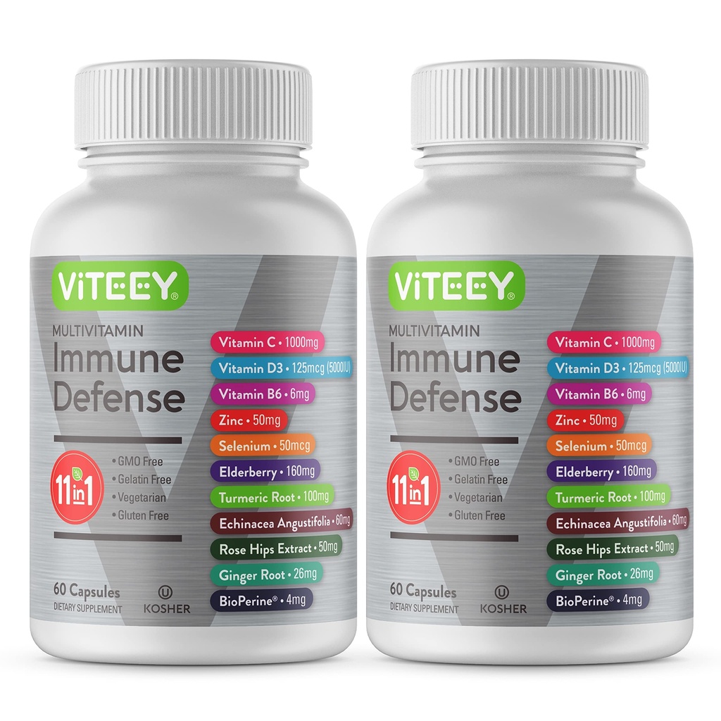 VITEEY 11 in 1 Immununterstützungsergänzung - Immunabwehr mit Vitamin D3, B6, Echinacea, Turmeric, Rose-HIPS, Selen, BioPerine, Ginger, Elderberry Vitamin C und Zink - 120 Zähler