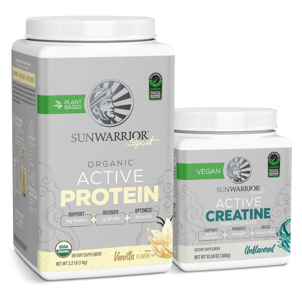 Sunwarrior Creatine Powder & Vanilla Active Organic Protein Powder Set (60 portions non aromatisées, 20 portions de vanille)