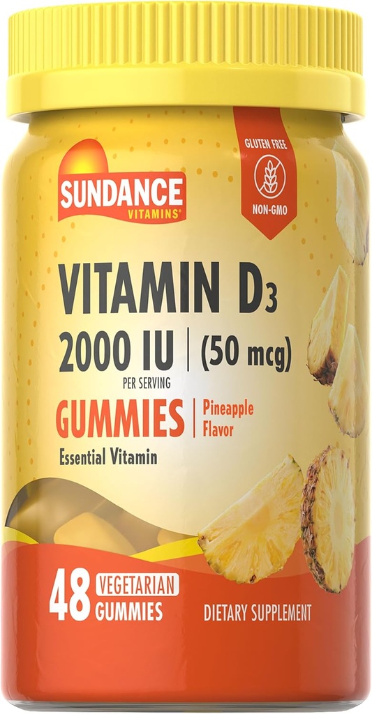 Sundance Vitamin D3 Gummies | 2000 IU | 48 Count | Ananas Flavor | Vegetarisch, Non-GMO und glutenfreie Ergänzung
