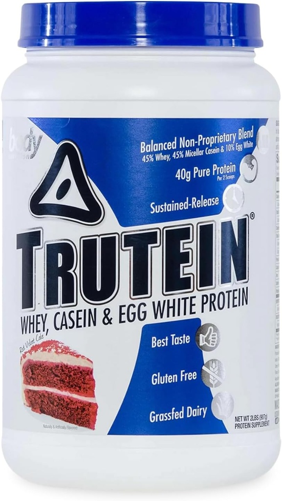 Body Nutrition Trutein High Protein Powder: 45% Whey, 45% Casein, 10% Eiweiß, Glutenfrei, Low Sodium, Gras Fed Whey Protein Powder, Gym Supplement & Breakfast Shake, Red Velvet Cake, 2lb