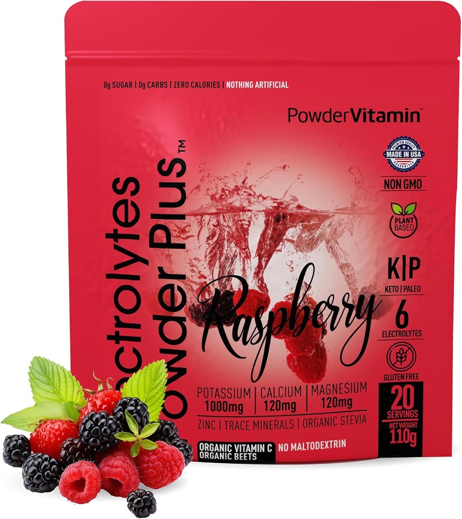 PowderVitamin Elektrolyte Pulver Plus (20 Portionen) Himbeere Elektrolyt Pulver Zero Calorie Keto,0 Zucker, kein Maltodextrin,1000mg Kalium,120mg Calcium,120mg Magnesium, Rosa Himalaya Salz