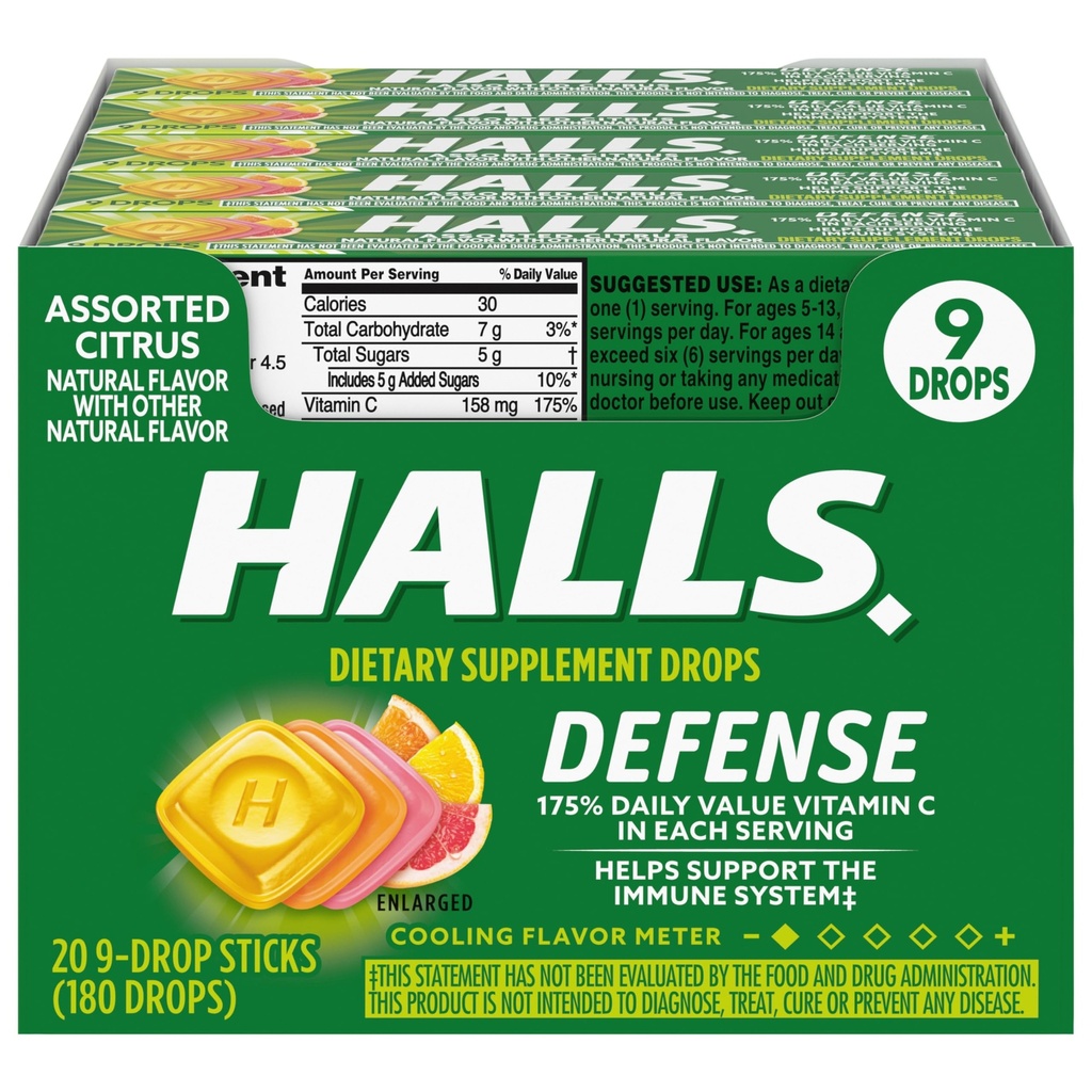 HALLS Difesa Assorted Citrus Vitamin C Gocce, 20 Sticks di 9 gocce (180 Total Drops)